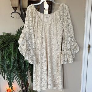 Boston Proper Boho Cream Crochet Lace Bell Ruffle Sleeves Shift Dress